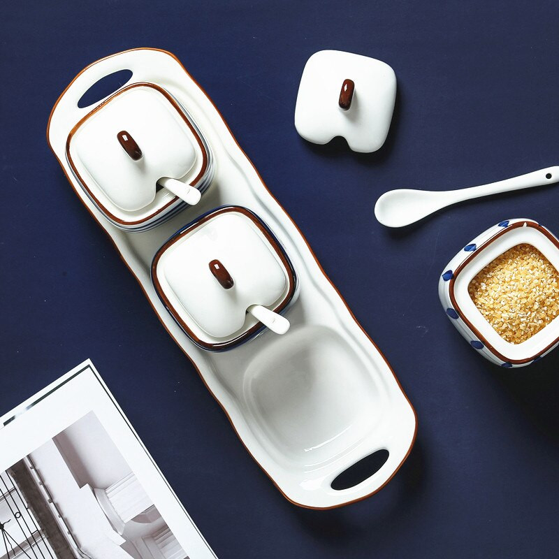 Keramická koreňová nádoba v japonskom štýle s viečkom a lyžičkou, kreatívna cukornička, soľnička na koreničku, korenie, ocot, fľaša s olejom