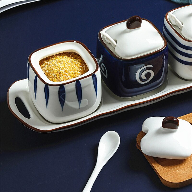 Keramická koreňová nádoba v japonskom štýle s viečkom a lyžičkou, kreatívna cukornička, soľnička na koreničku, korenie, ocot, fľaša s olejom