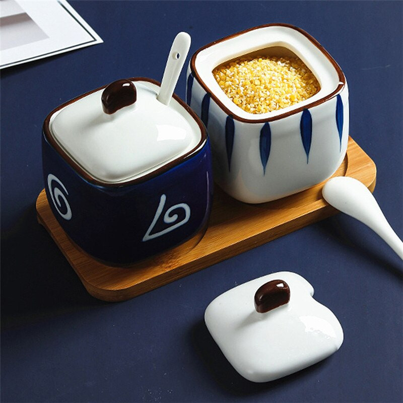Keramická koreňová nádoba v japonskom štýle s viečkom a lyžičkou, kreatívna cukornička, soľnička na koreničku, korenie, ocot, fľaša s olejom