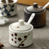 Japonská keramická fľaša na korenie, dóza na korenie s viečkom, lyžicou, nádoba na korenie, kreatívne soľničky a koreničky, kuchynské náčinie