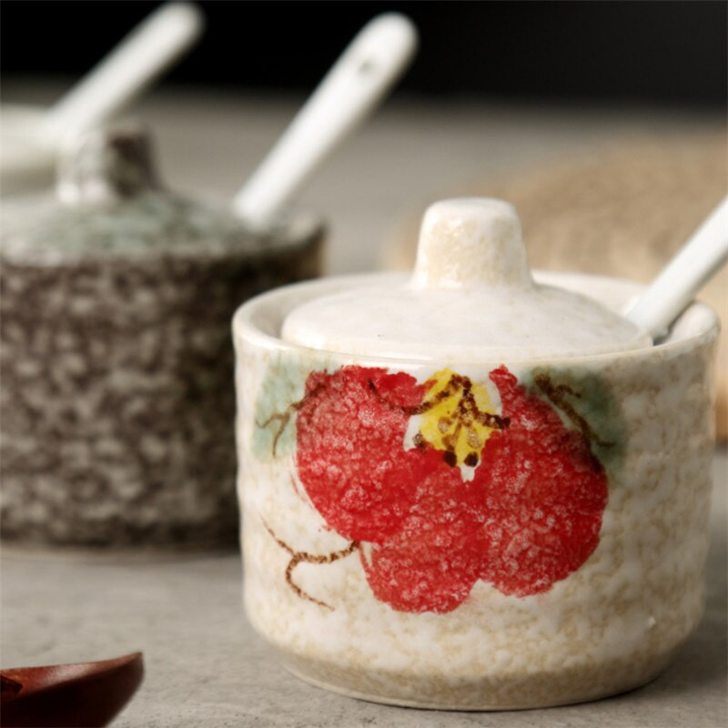 Japonská keramická fľaša na korenie, dóza na korenie s viečkom, lyžicou, nádoba na korenie, kreatívne soľničky a koreničky, kuchynské náčinie