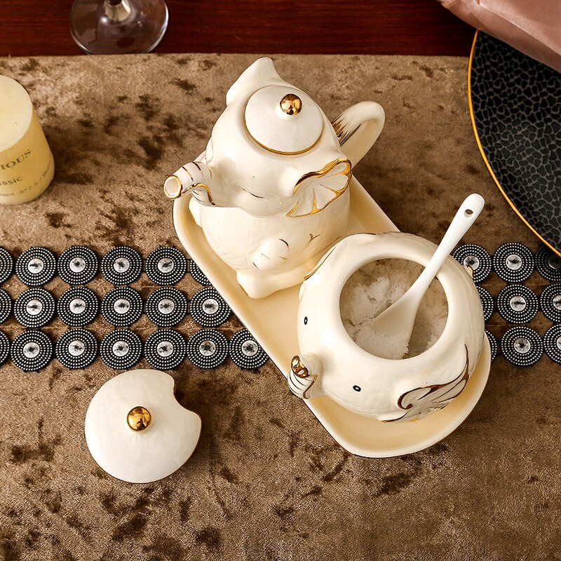 Keraminis dramblių prieskonių aliejaus butelis Prieskonių indelių rinkinys Druskos ir pipirų plaktuvai Cukraus dubuo acto padažo bakas Virtuvės gaminimo įrankiai