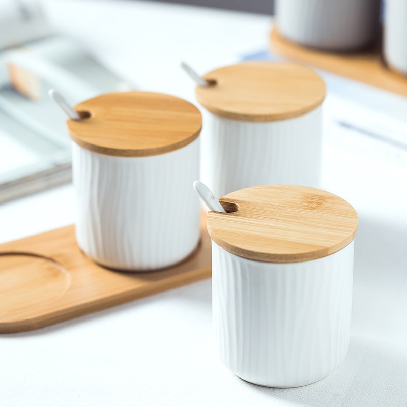 Klasický keramický hrniec na koreničku s lyžičkou a viečkom, fľaša na korenie pre domácnosť, kuchynská nádoba na olej, soľ a korenie