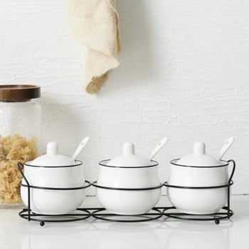 Nordic Ceramic Σετ δεξαμενής αλατιού πιπεριού Cruet καρυκεύματα με σιδερένια θήκη Κουτάλι καρυκεύματα Ζάχαρη μπαχαρικό Κουτί αποθήκευσης Εργαλεία μαγειρέματος