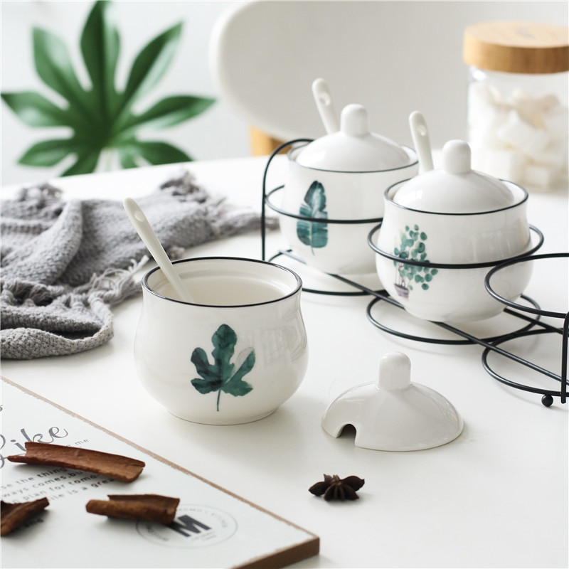 Severská keramická sada nádrží na soľ a korenie, nádoba na korenie s držiakom na lyžicu, korenie, cukor, korenie, úložný box na varenie