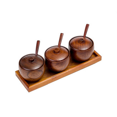 Kreatívna drevená korenie v nádobe na korenie, soľnička, korenie, fľaša na korenie s viečkom a lyžicou, kuchynské náradie na varenie