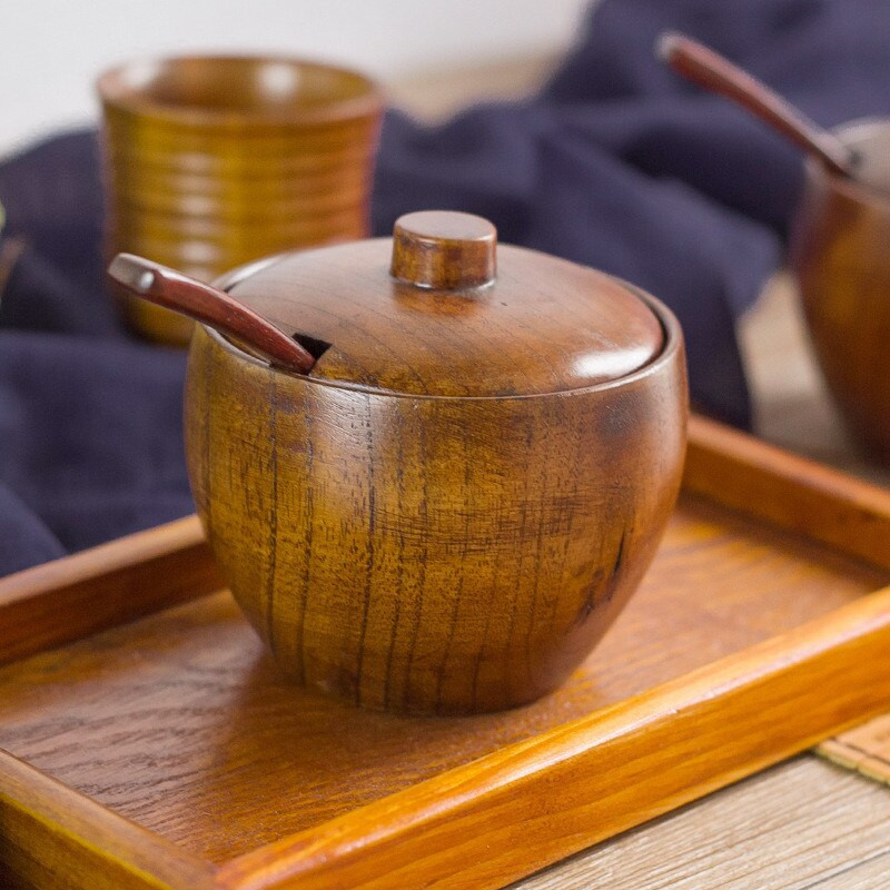 Kreatívna drevená korenie v nádobe na korenie, soľnička, korenie, fľaša na korenie s viečkom a lyžicou, kuchynské náradie na varenie