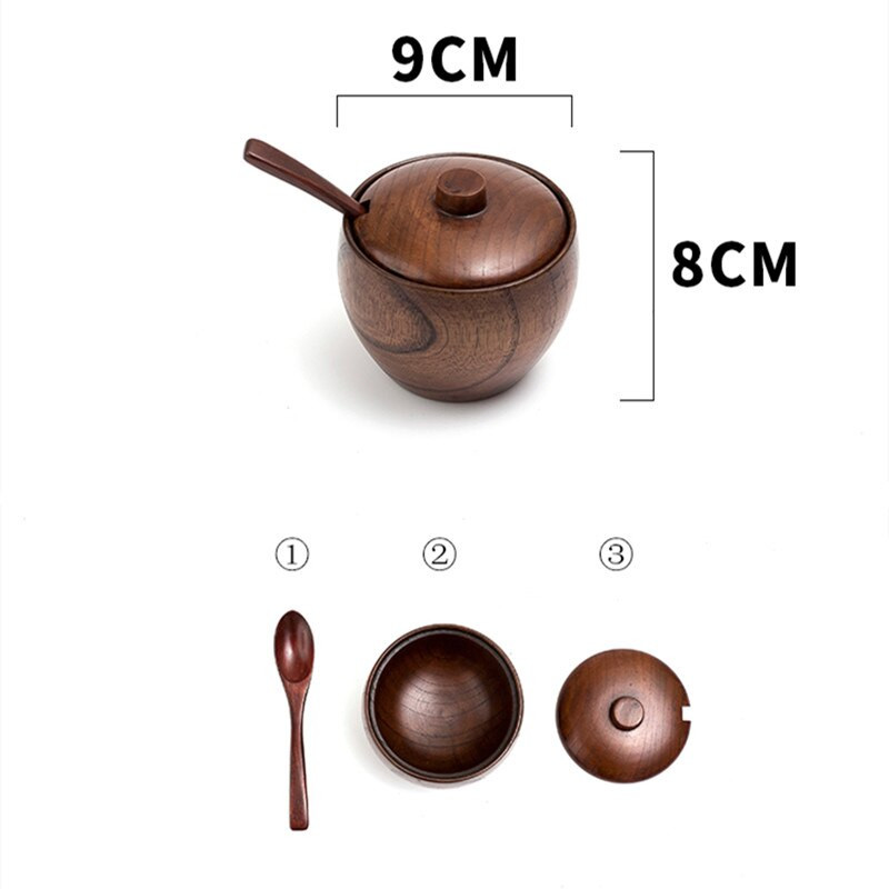 Kreatívna drevená korenie v nádobe na korenie, soľnička, korenie, fľaša na korenie s viečkom a lyžicou, kuchynské náradie na varenie