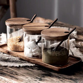 Staklene staklenke za začine od 3 komada Lonac za začine s poklopcem od drvene žlice i pladnjem Kuhinjski alati za začine Staklenka za pohranu Sol Šećer Posuda za začine