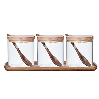 Staklene staklenke za začine od 3 komada Lonac za začine s poklopcem od drvene žlice i pladnjem Kuhinjski alati za začine Staklenka za pohranu Sol Šećer Posuda za začine