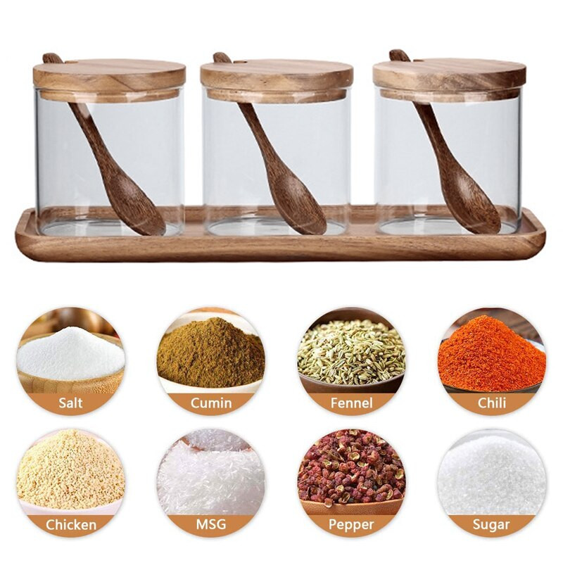 3 ks sklenených koreníc, korenie s drevenou lyžicou, vekom a podnosom, kuchynské korenie, úložný džbán, soľ, cukor, korenie