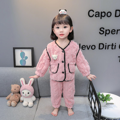 Dvojdielne plyšové pyžamo s vreckom a gombíkmi pre dievčatá