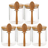 5X sklenená vzduchotesná nádoba na potraviny s kolieskovým dreveným otočným viečkom, nádoba na cukrovinky, bambusová nádoba na potraviny s drevenou lyžicou