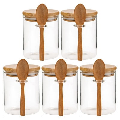 5X sklenená vzduchotesná nádoba na potraviny s kolieskovým dreveným otočným viečkom, nádoba na cukrovinky, bambusová nádoba na potraviny s drevenou lyžicou