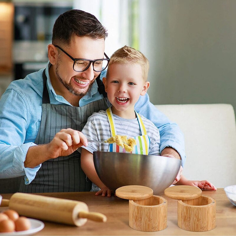 Cutie de depozitare pentru sare și condimente din bambus 2 bucăți cu capac pivotant magnetic Cutie rotundă pentru piper din bambus Păstrator de sare din bambus