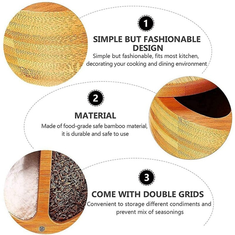 Bambusová krabička na korenie, bambusová soľ, misky na korenie s otočným vekom, lyžica, delená soľnička do kuchyne