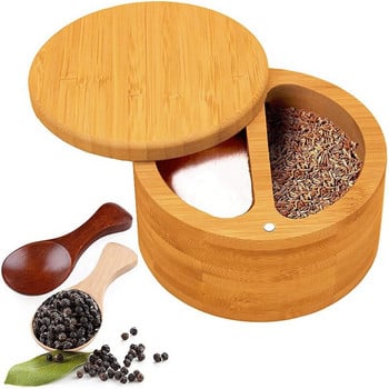 Κουτί Bamboo Seasonings,Bamboo Salt,Pepper Box Bowls με περιστρεφόμενο καπάκι,κουτάλι,διαιρεμένο κελάρι αλατιού Δοχείο αλατιού για κουζίνα