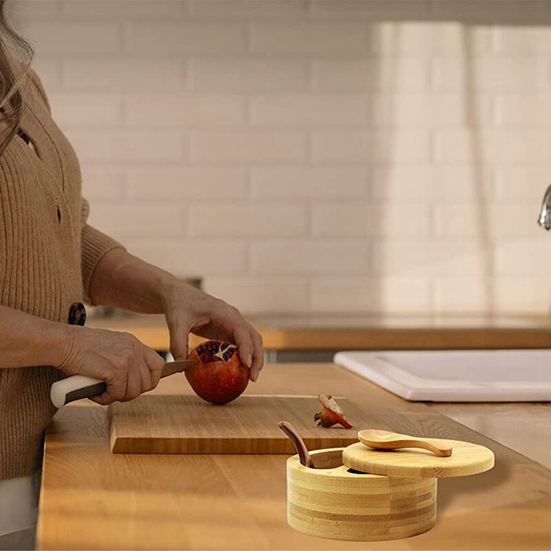 Bambusová krabička na korenie, bambusová soľ, misky na korenie s otočným vekom, lyžica, delená soľnička do kuchyne