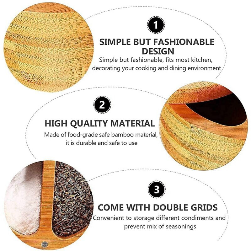 Bambusová krabička na korenie, bambusová soľ, misky na korenie s otočným vekom, lyžica, delená soľnička do kuchyne