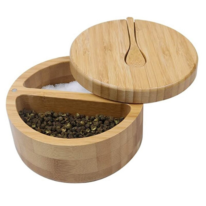 Bambusová koreniaca krabička s otočným vekom lyžičky, bambusová koreniaca nádoba s magnetickou prísavkou, koreniaca nádoba s dvojitou mriežkou na soľ