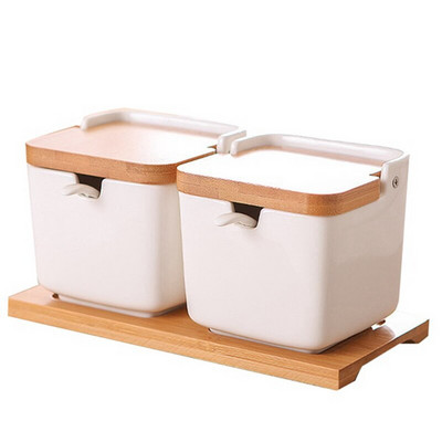 Štvorcová domáca keramická koreniaca dóza na korenie, trojdielna kreatívna japonská koreniaca dóza s lyžičkou, drevený podnos CNIM Hot