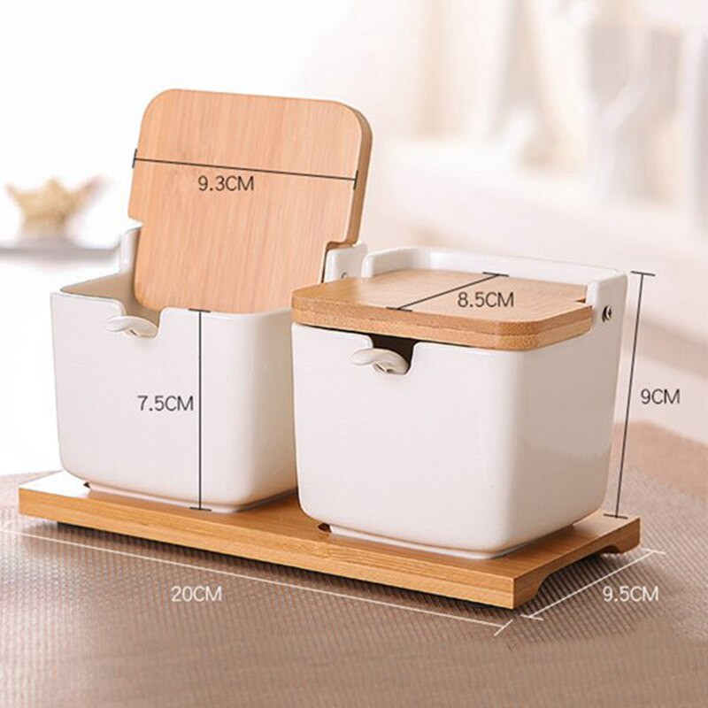 Štvorcová domáca keramická koreniaca dóza na korenie, trojdielna kreatívna japonská koreniaca dóza s lyžičkou, drevený podnos CNIM Hot