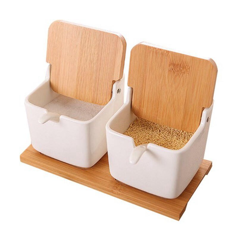 Štvorcová domáca keramická koreniaca dóza na korenie, trojdielna kreatívna japonská koreniaca dóza s lyžičkou, drevený podnos CNIM Hot