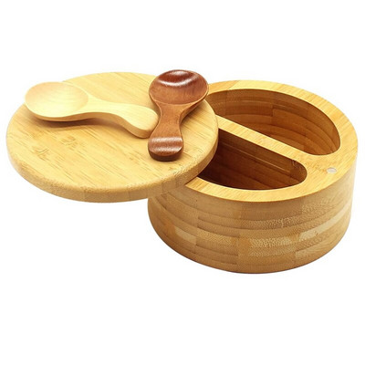 Bambusz fűszeres doboz, bambusz só, borsos doboz tálak forgatható fedéllel, kanál, osztott sótartó konyhai sótartó