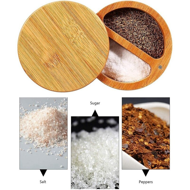 Bambusz fűszeres doboz, bambusz só, borsos doboz tálak forgatható fedéllel, kanál, osztott sótartó konyhai sótartó