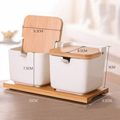 Štvorcová domáca keramická koreniečka, trojdielna kreatívna japonská koreniečka s výklopnou koreniečkou a lyžičkou, drevený podnos