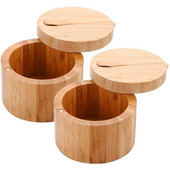 Pachet 2 Cutie de condimente de bambus cu linguri - Cutie de sare de bambus cu capace Recipient de depozitare pentru pivnite de condimente de bambus