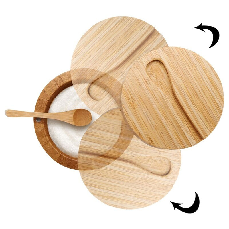 Pachet 2 Cutie de condimente de bambus cu linguri - Cutie de sare de bambus cu capace Recipient de depozitare pentru pivnite de condimente de bambus