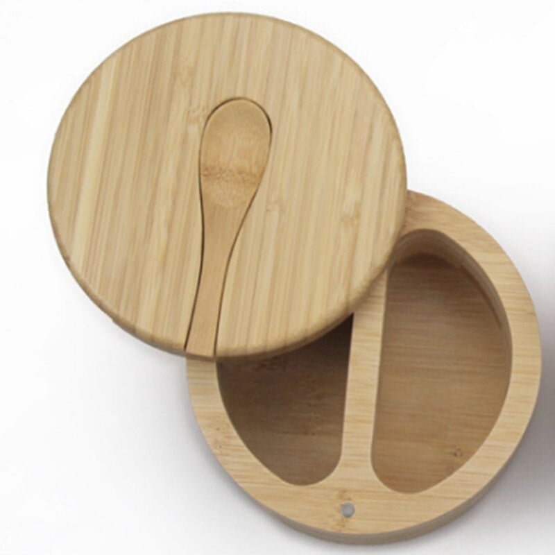 Bambusová koreniaca krabička s otočným vekom lyžičky, bambusová koreniaca nádoba s magnetickou prísavkou, koreniaca nádoba s dvojitou mriežkou na soľ