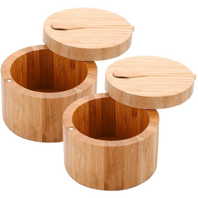 2-balenie bambusových koreniacich krabičiek s lyžičkami - bambusová soľnička s viečkami, bambusová koreniaca nádoba na korenie
