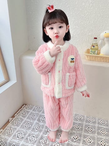 Детска плюшена пижама с джобове -две части за момичета