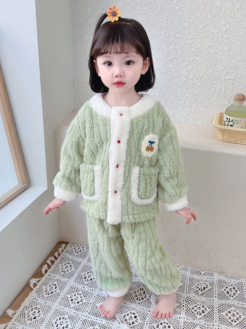 Детска плюшена пижама с джобове -две части за момичета