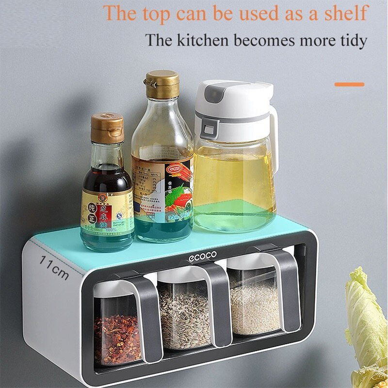 Nástenný stojan na koreniny Ecoco, cukornička, soľnička, nádoba na korenie, krabičky na koreniny s lyžičkami, kuchynský úložný priestor a organizér