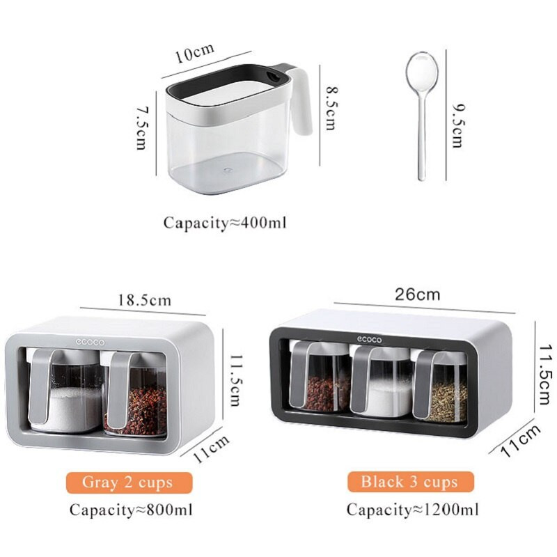 Nástenný stojan na koreniny Ecoco, cukornička, soľnička, nádoba na korenie, krabičky na koreniny s lyžičkami, kuchynský úložný priestor a organizér