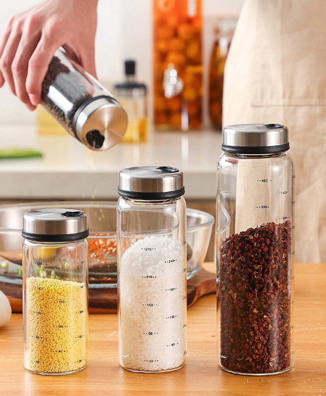 Vysoko borosilikátové sklenené korenie, fľaša na korenie, kuchynská soľ, sezamové korenie, vzduchotesná fľaša s otočným viečkom