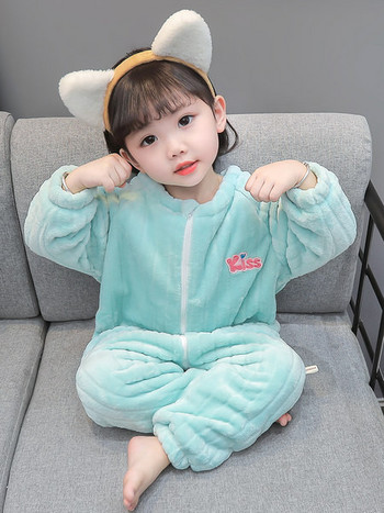 Детска плюшена пижама тип ромпър с цип за момичета