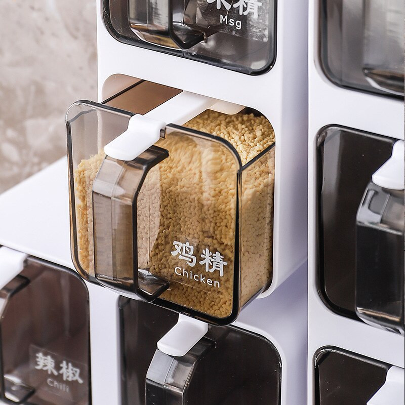 Nástenné kuchynské nádoby na koreniny, soľnička a korenička, korenie, organizér na korenie s lyžičkami