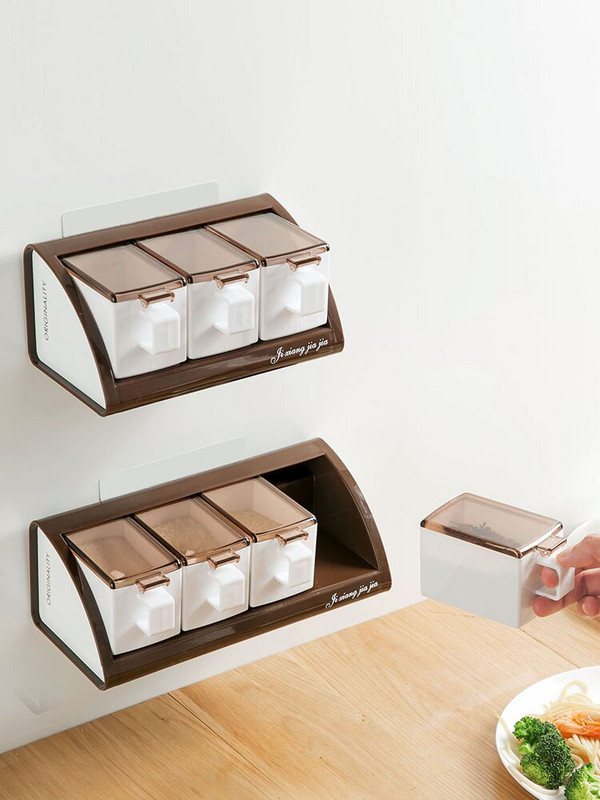 Stojan na soľ bez vŕtania, úložný box na korenie do domácnosti, nástenná závesná nádoba na korenie