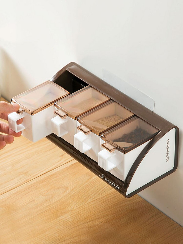 Stojan na soľ bez vŕtania, úložný box na korenie do domácnosti, nástenná závesná nádoba na korenie