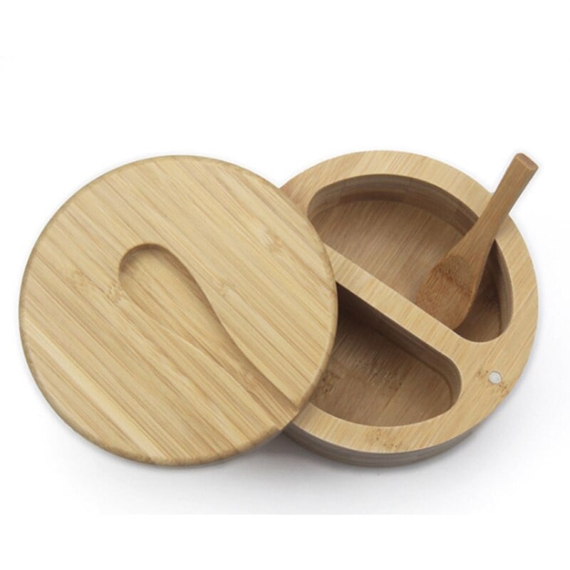 Karšto bambuko prieskonių dėžutė su besisukančiu dangteliu Bambuko prieskonių skardinė Magnetinio siurbimo prieskonių dėžutė Dvigubos tinklelio druskos dėžutė