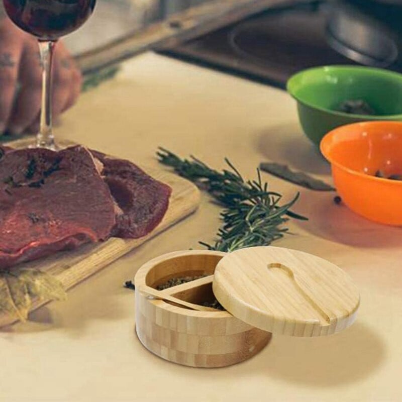 Karšto bambuko prieskonių dėžutė su besisukančiu dangteliu Bambuko prieskonių skardinė Magnetinio siurbimo prieskonių dėžutė Dvigubos tinklelio druskos dėžutė