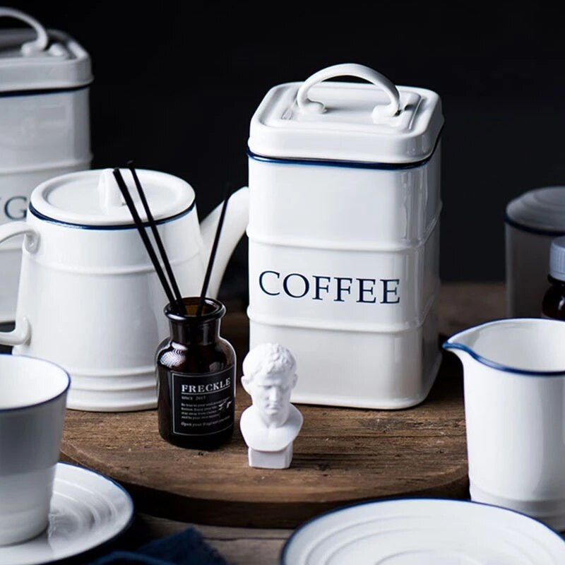 FANCITY Keraminis kavos indelis su cukrumi su dangteliu prieskonių indelis Virtuvė Drėgmei atsparus sojos padažas, acto butelis Šiuolaikinė buitinė arbata jūra