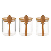 3X sklenená vzduchotesná nádoba na potraviny s kolieskovým dreveným otočným viečkom, kuchynská nádoba na skladovanie cukríkov, nádoba na potraviny s drevenou lyžicou