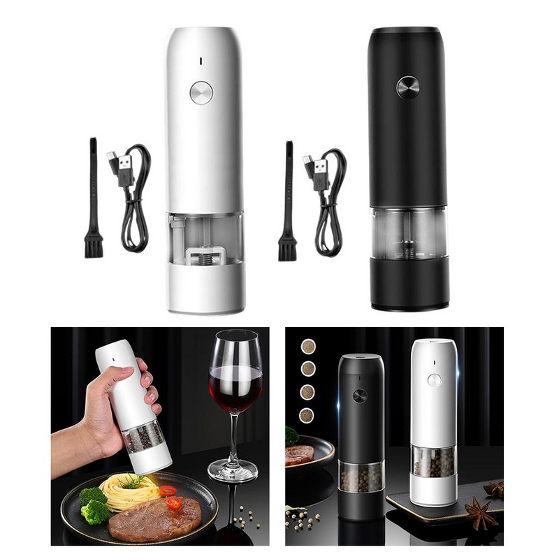 Elektrický mlynček na korenie s LED svetlom, keramický, nastaviteľná hrubosť, jednou rukou ovládaný mlynček na soľ a korenie na soľ a korenie