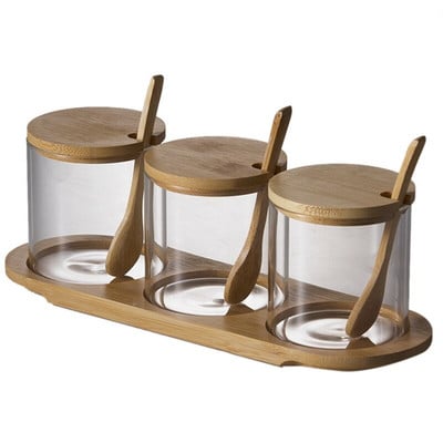 3 ks sklenených úložných dóz, organizér na cukríky/sušienky/čaj/kávové zrná, fľaša, poháre na korenie/občerstvenie s dreveným viečkom