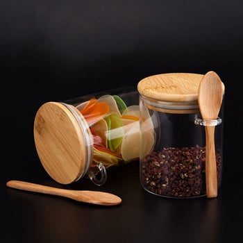 3X Γυάλινο Φαγητό αεροστεγές δοχείο Καστόρ ξύλινο περιστρεφόμενο καπάκι Κουζίνας Αποθήκευση καραμελών Βάζο δοχείο τροφίμων με ξύλινο κουτάλι